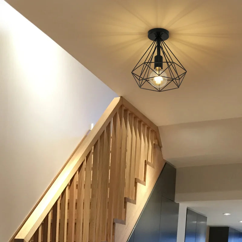 Semi Flush Mount Ceiling Light,Industrial E27 Base Diamond Cage Ceiling Light Fixtures for Hallway（Bulb not included）