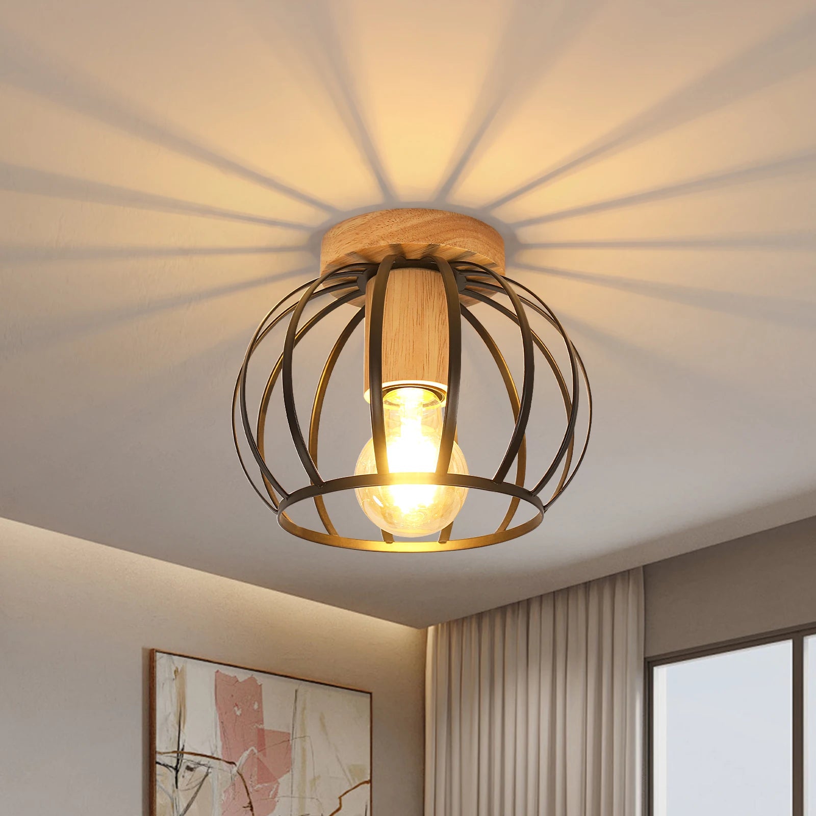 Vintage Ceiling Light,E27 Socket Retro Geometric Ceiling Lampshade Metal Cage for Hallway,Attic, Balcony, Diameter 19cm,Black（Bulb Not Included）
