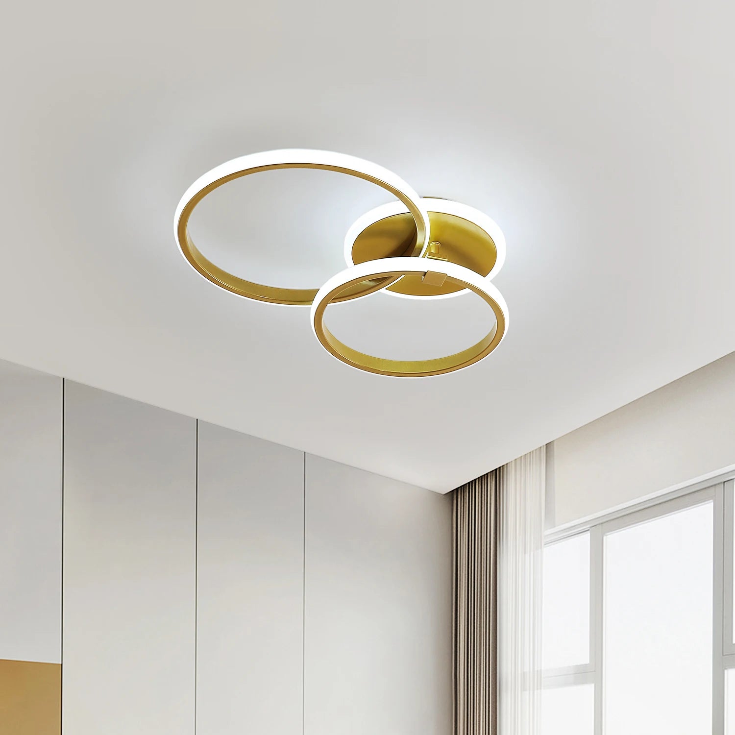 Modern LED Ceiling Light,42W 4700LM 2 Ring Rotatable Gold Flush Mount Ceiling Lamp for Living Room,White Light 6500K