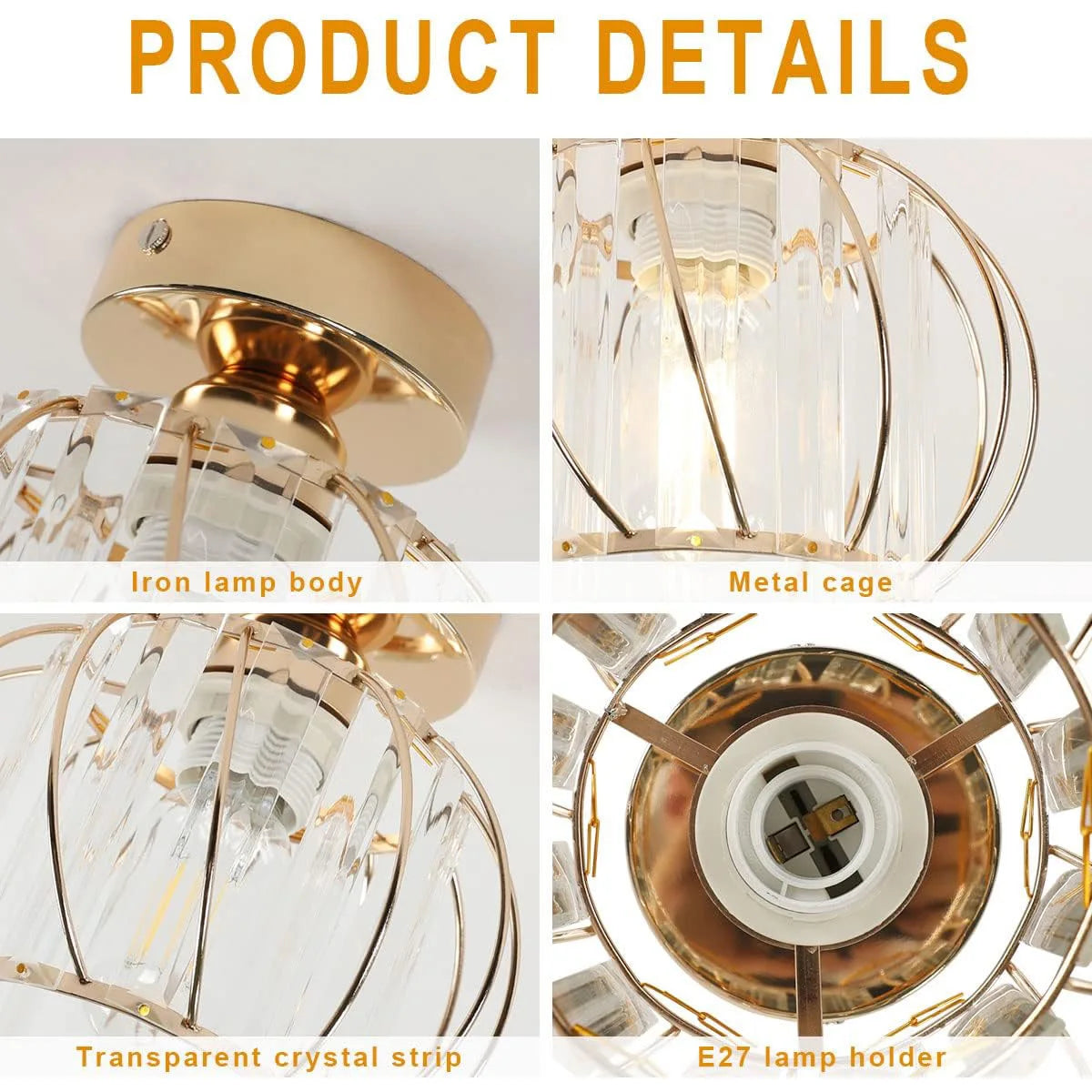 Crystal Ceiling Light,Close-to-Ceiling Lighting Fixture,For Hallway,Kitchen Island,Dining Room,E27 Base(Bulb Not Included)