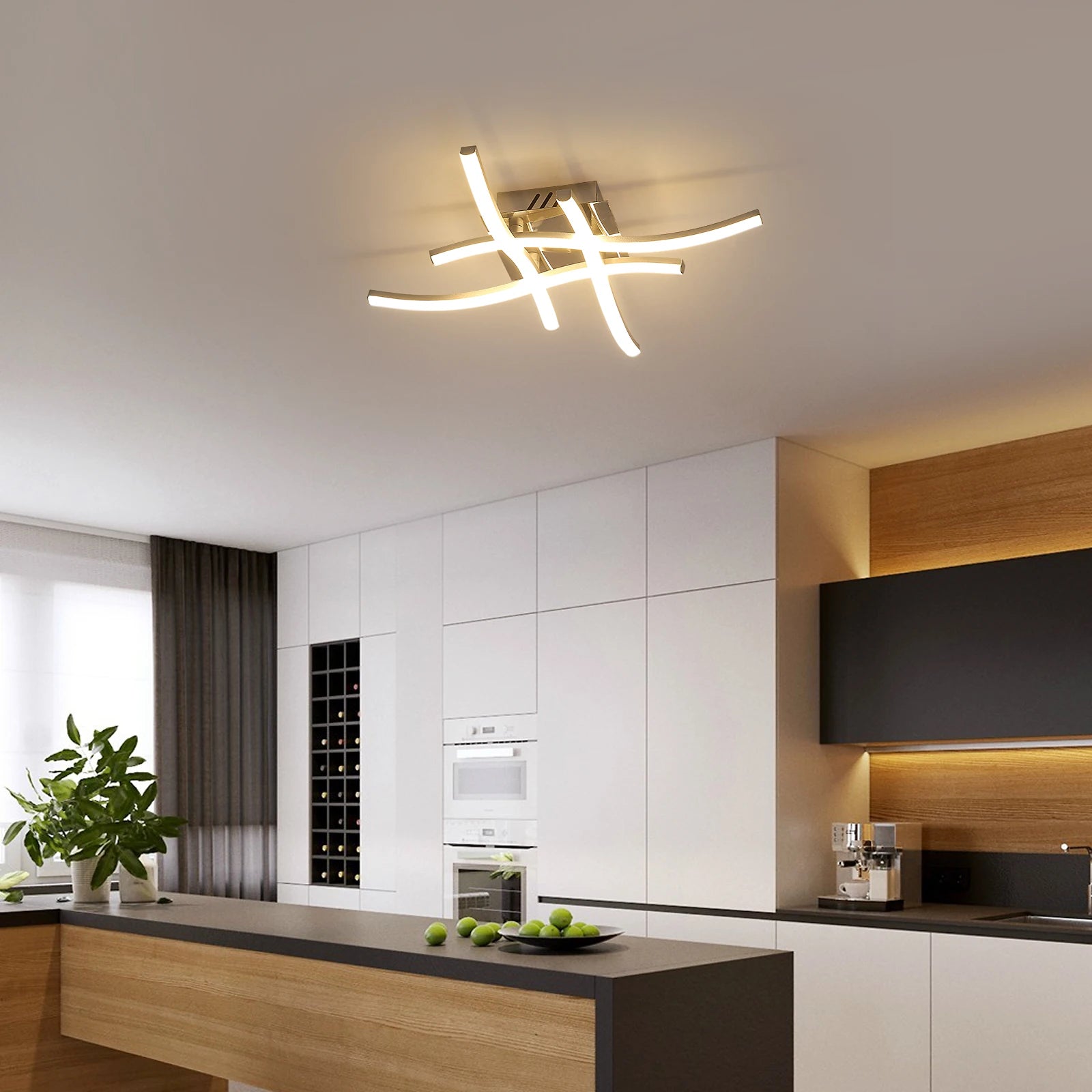 LED Ceiling Light,Curved Design Ceiling Lamp,24W LED Ceiling Lighting,4 Built-in LED Light Bars Warm Light 3000K For Bedroom