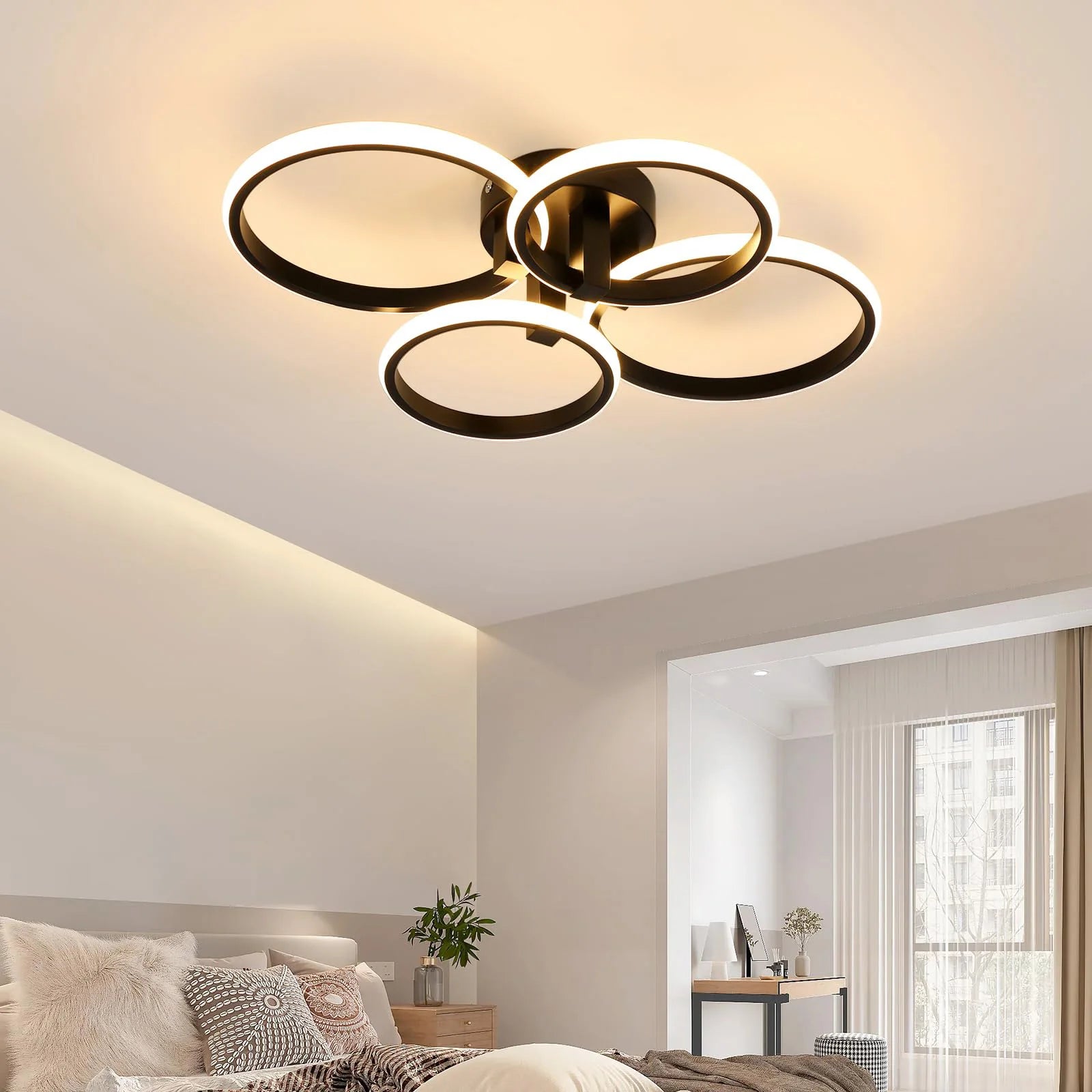 Modern 4-Ring LED Ceiling Light, 76W Dimmable 3 Color Change Flush Mount Lamp with Remote Control Black Fixture for Living Room Bedroom