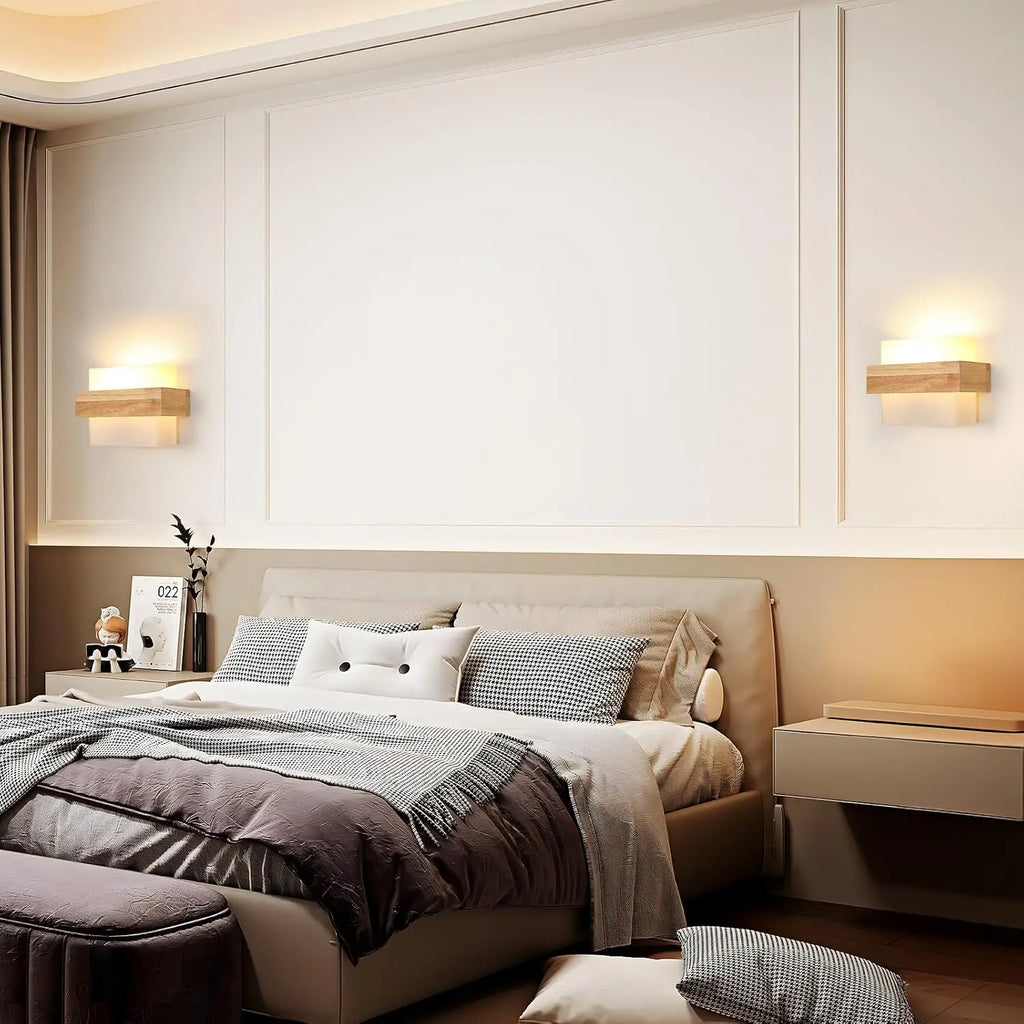 Wall Lights Indoor Fabric, Square Wall Lamps with Wooden Base, E27 Wall Lighting Fixtures for Bedside Bedroom Living Room Corridor Dining Room Hallway（Bulb not included）