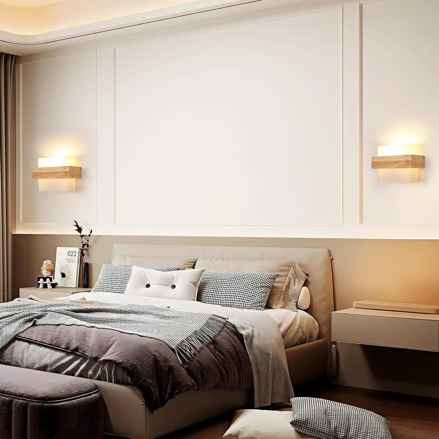 Wall Lights Indoor Fabric, Square Wall Lamps with Wooden Base, E27 Wall Lighting Fixtures for Bedside Bedroom Living Room Corridor Dining Room Hallway（Bulb not included）