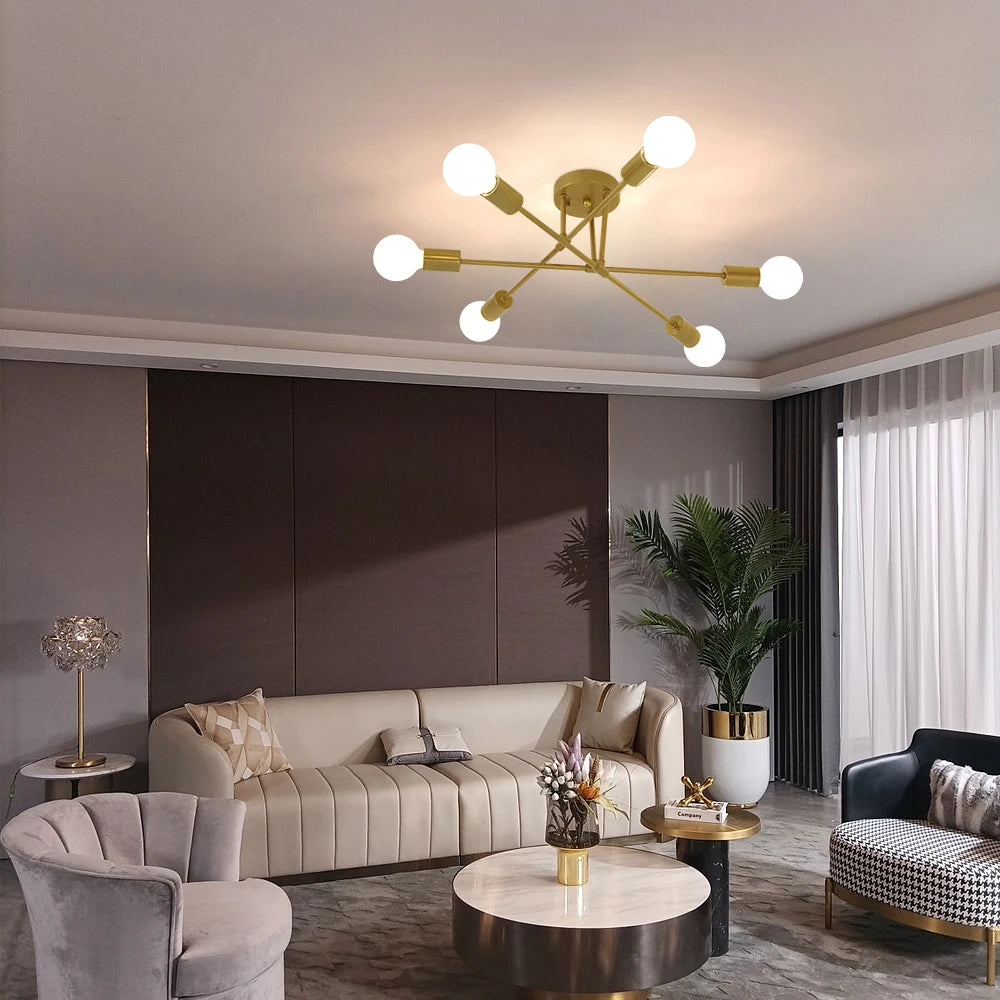 Modern Sputnik Ceiling Light,Adjustable 6-light E27 Chandelier,Vintage Industrial Pendant Mounting For Bedroom（Bulb not included