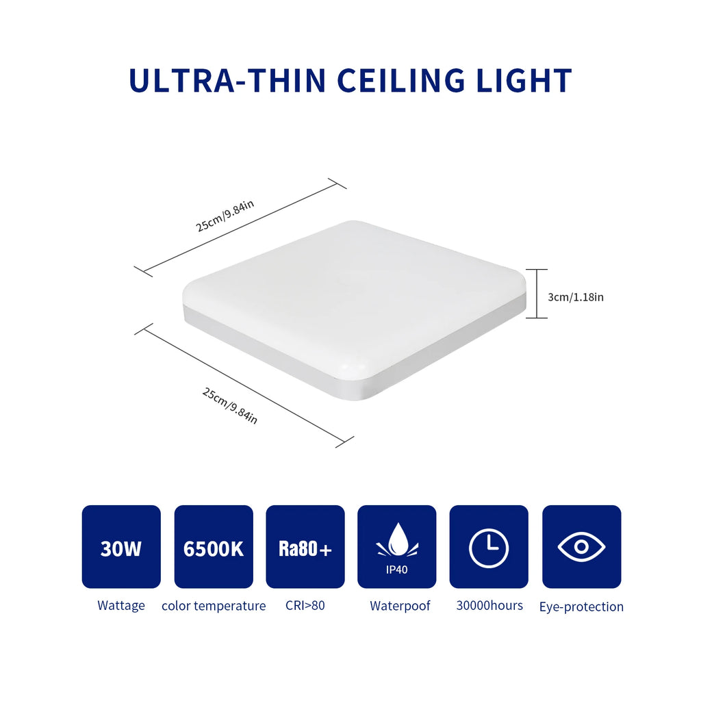 Square LED Ceiling Lights,30W Super Bright LED Panel Light,Modern Ultra Slim Ceiling Lighting for Bedroom,Hallway,Cold White Light ,Via 25CM