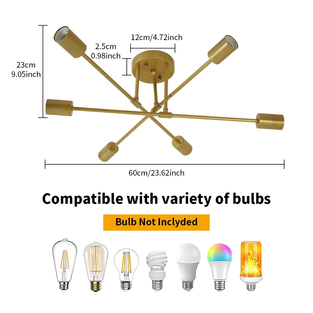 Modern Sputnik Ceiling Light,Adjustable 6-light E27 Chandelier,Vintage Industrial Pendant Mounting For Bedroom（Bulb not included