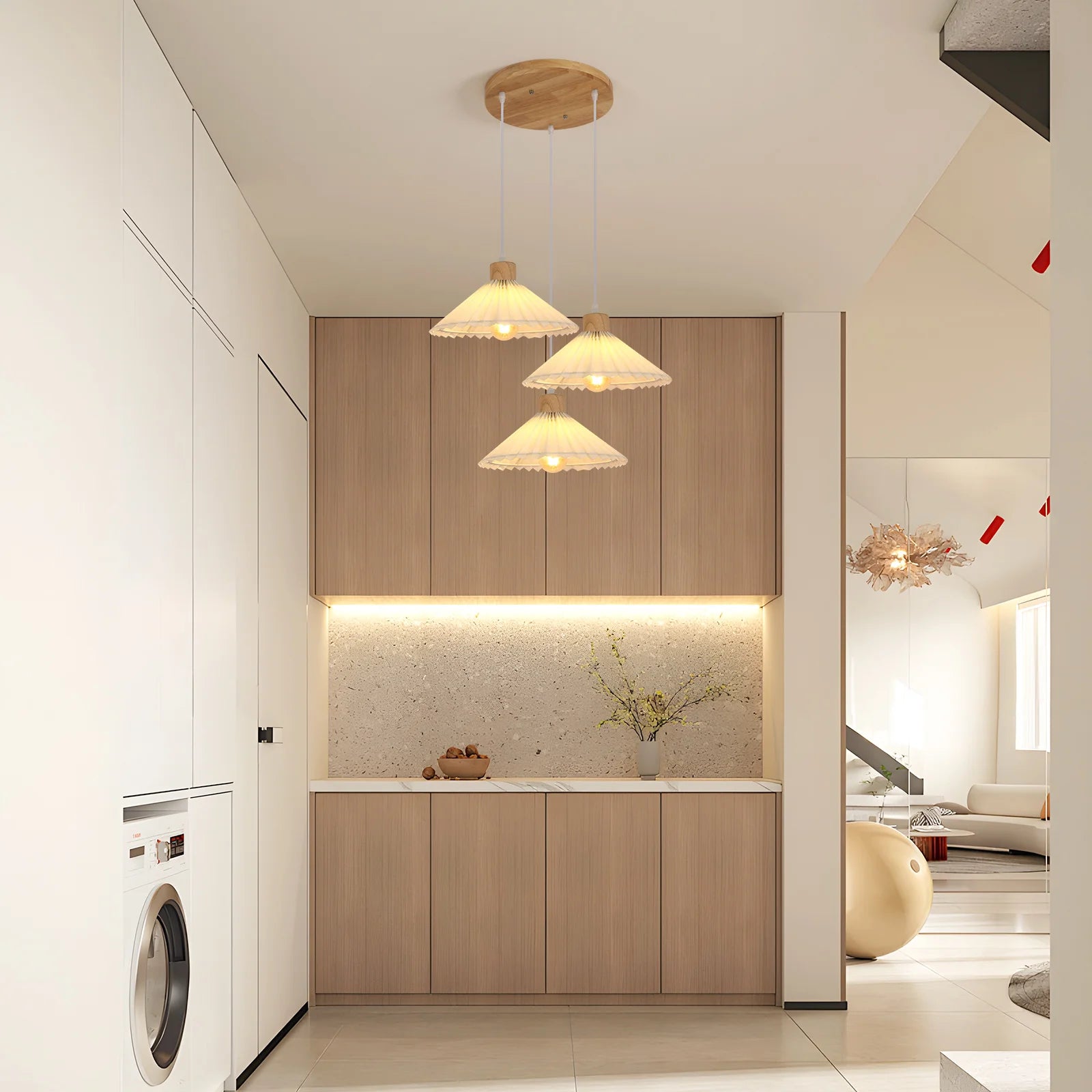 Nordic Pendant Lamp,Chandelier with Pleated Fabric and Wood,3 Lights with 1.2 m Adjustable Cable,E27 Socket（Bulb not included）