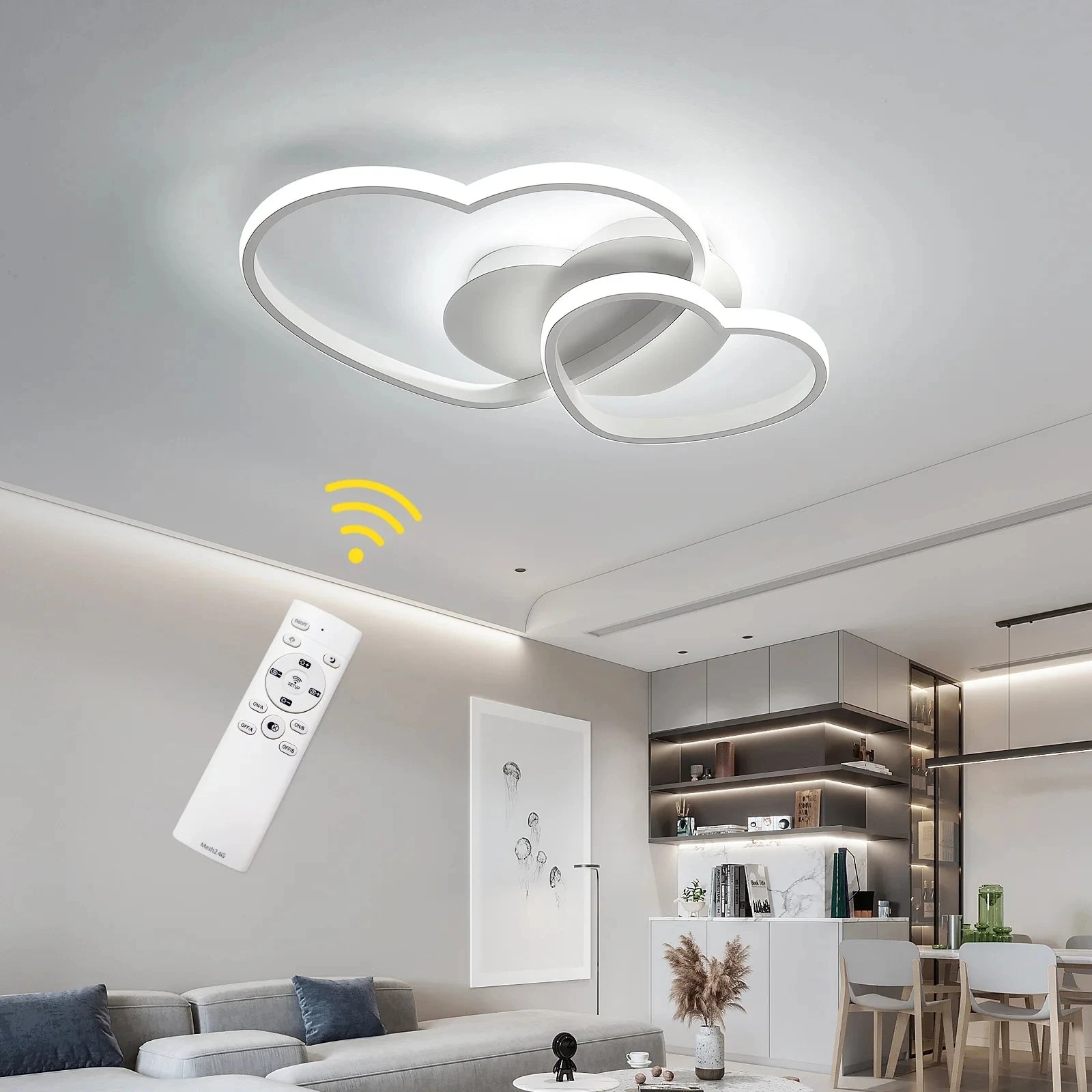 Dimmable LED Ceiling Light,64W Heart Ceiling Lamp 3000K/4500K/6500K,Chandelier White with Remote Control for Children's Room