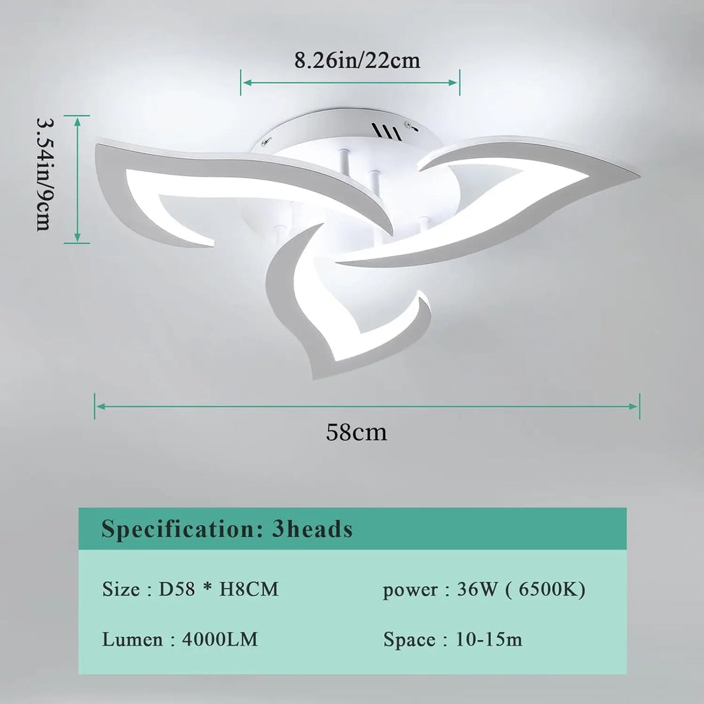 LED Ceiling Light,36W Modern Design Ceiling Lighting,3 Head Lights Living Room Ceiling Light Acrylic White Flower Fittings Ceilings for Bedroom, Kitchen,Dining Room,6500K White Light