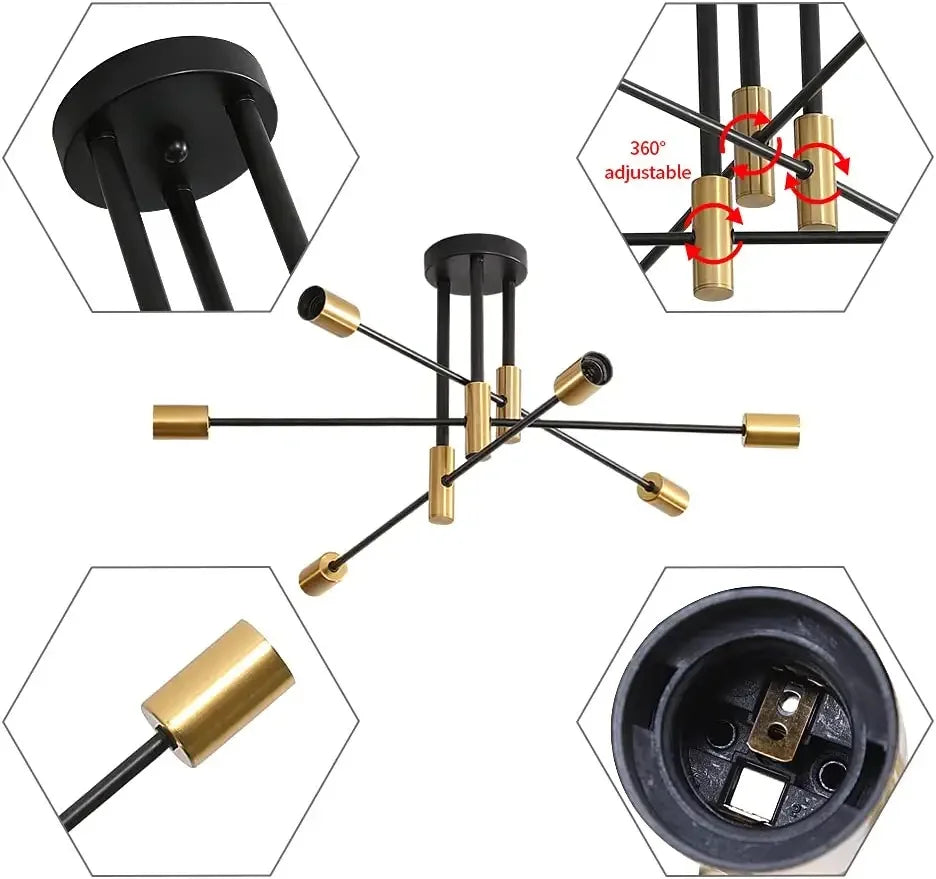 Sputnik Ceiling Light,6 Lights E27 Vintage Flush Mount,Semi-Flush Fitting Chandelier Light for Living Room（Bulb not included）