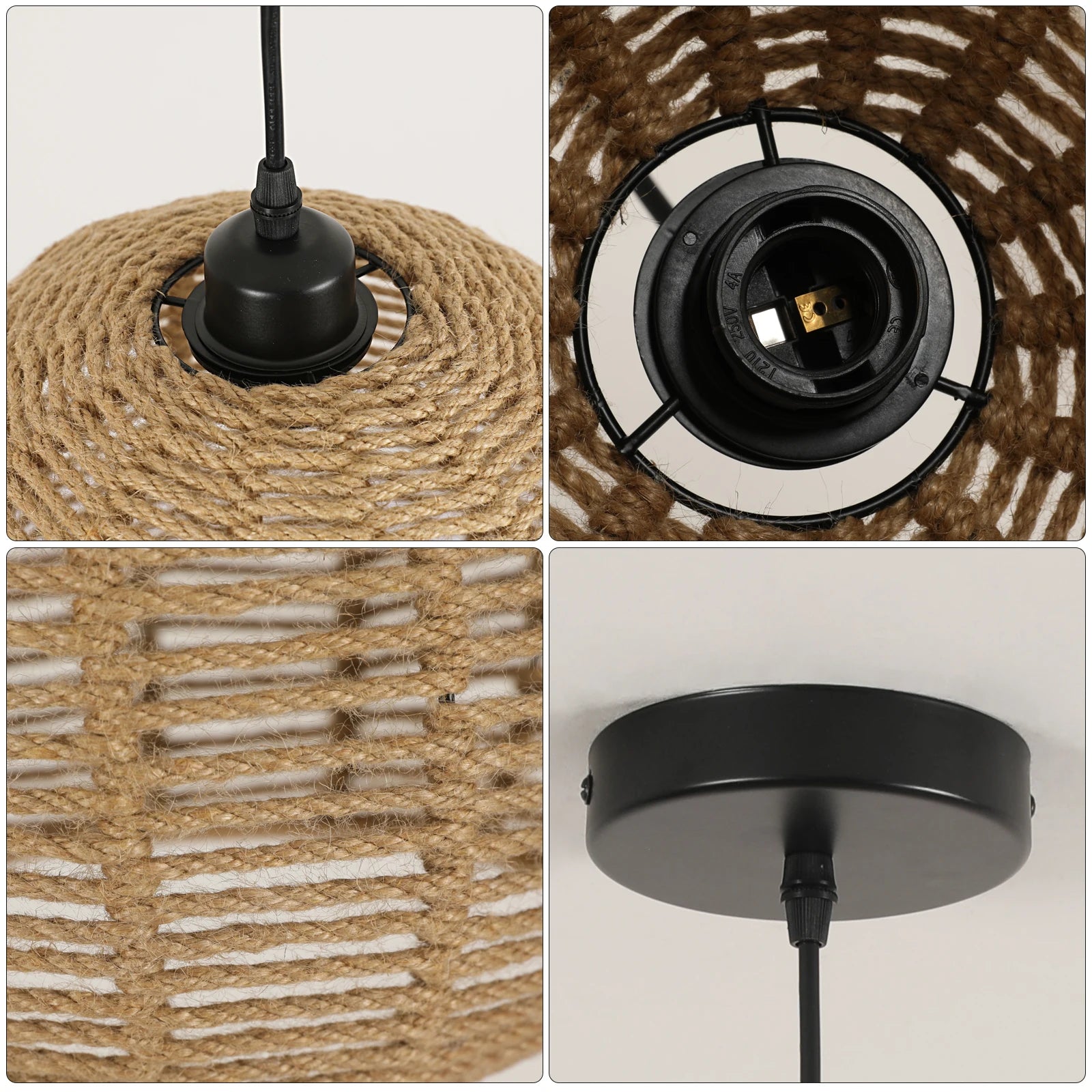 Rattan Ceiling Lamp,Boho Vintage Hanging Ceiling Lamp,Hand Woven Paper Rope Shade E27 for Dining Room (Bulb Not Included)