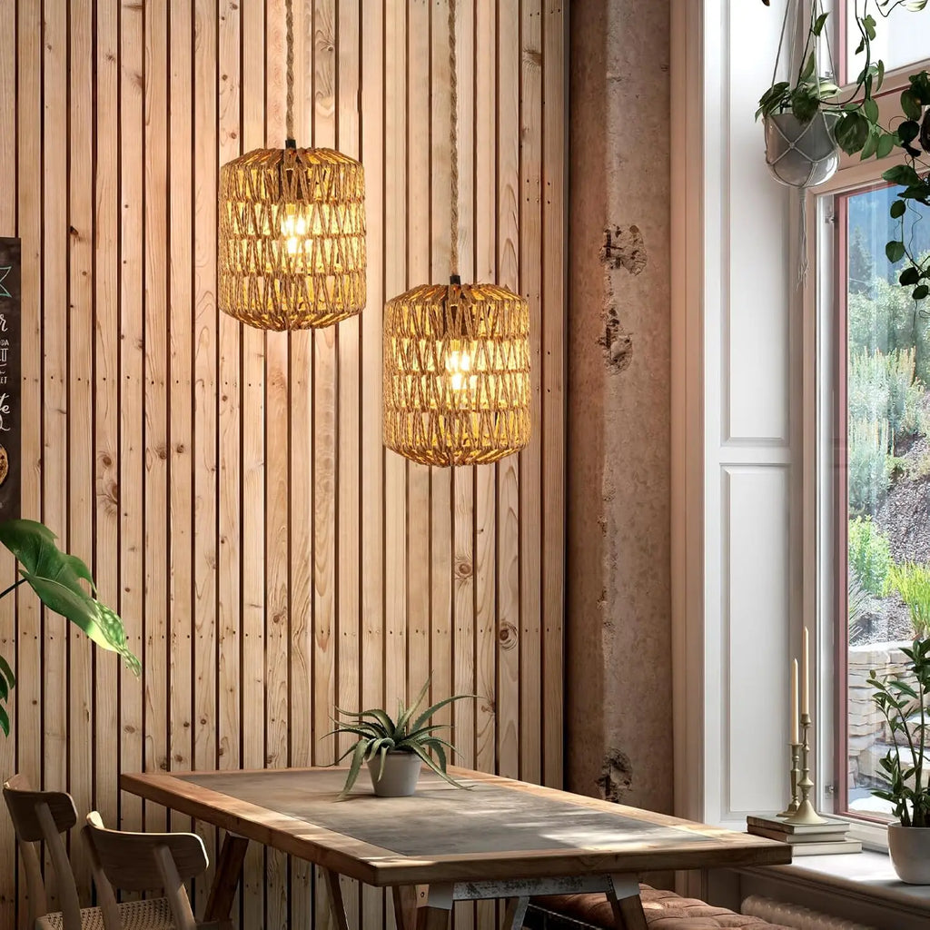Rattan Lampshades Chandelier, Lamp Shades Ceiling Boho Style,Cylinder Lampshade Suitable Dining Room (Bulbs Not Included)