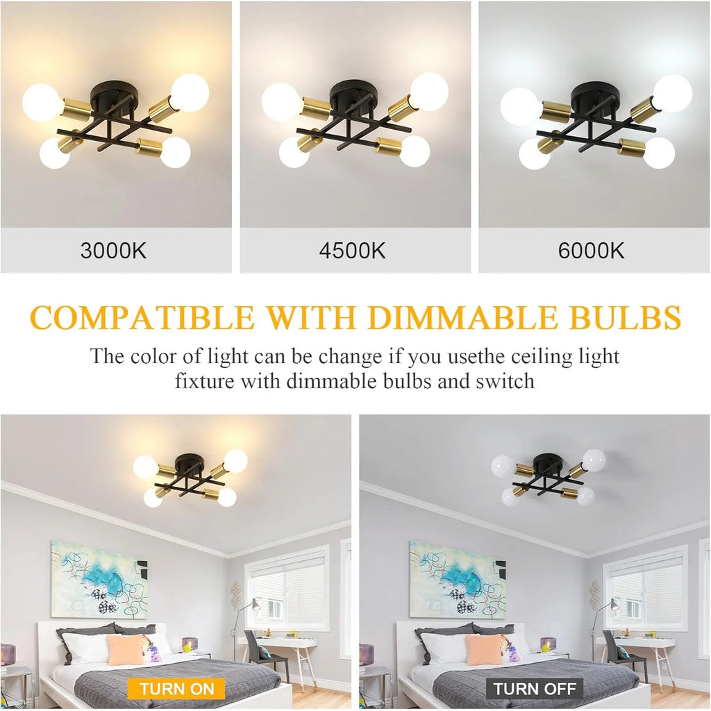 Industrial Ceiling Light,E27 Base Vintage Ceiling Light 4 Lamps Retro Metal Ceiling Lamp for Living Room（Bulb not included）