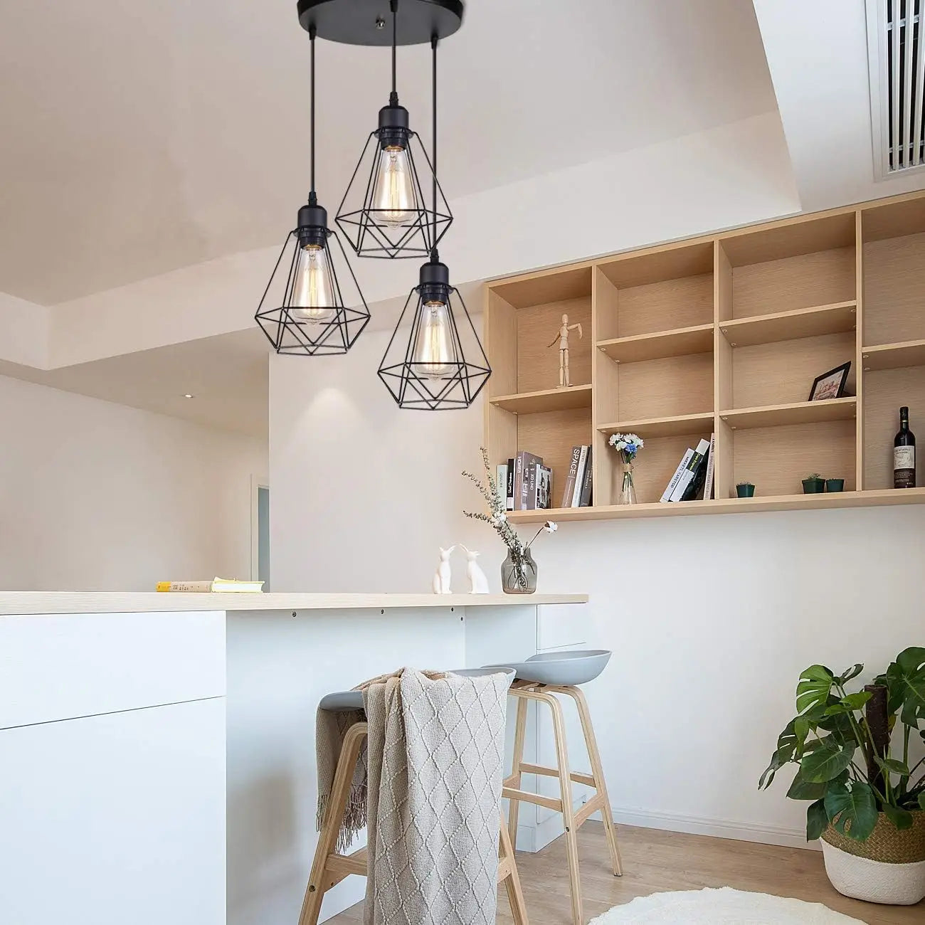 3 Head Ceiling Pendant Lights 20cm Black Wire Lampshade Diamond Cage Design E27 1m Adjustable Hanging Fixer（Bulb not included）