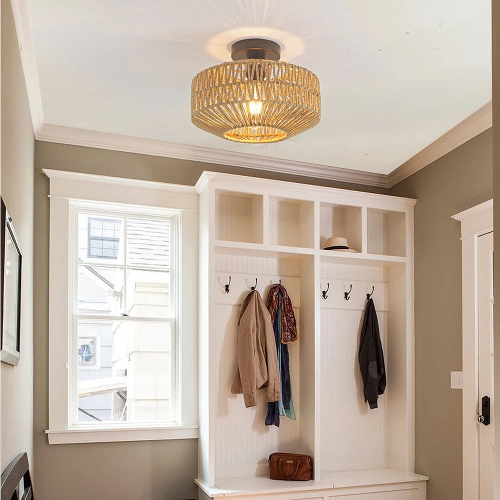 Rattan Ceiling Light Lighting,Hand Woven Ceiling Lamp Flush Mount Ceiling Lights Vintage Lighting Fixtures（Bulb not included）