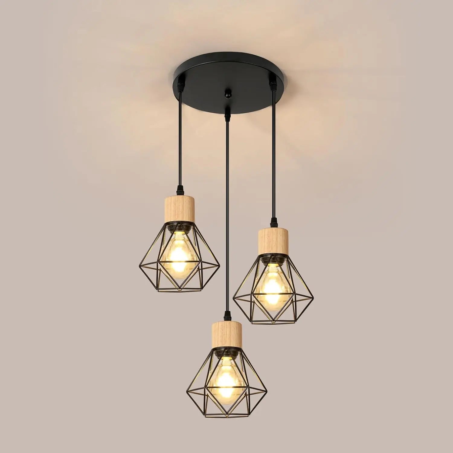 Vintage Pendant Lamps,3-heads Industrial Metal Chandelier E27 Ceiling Lighting in Geometric Cage Style(Bulb Not Included)