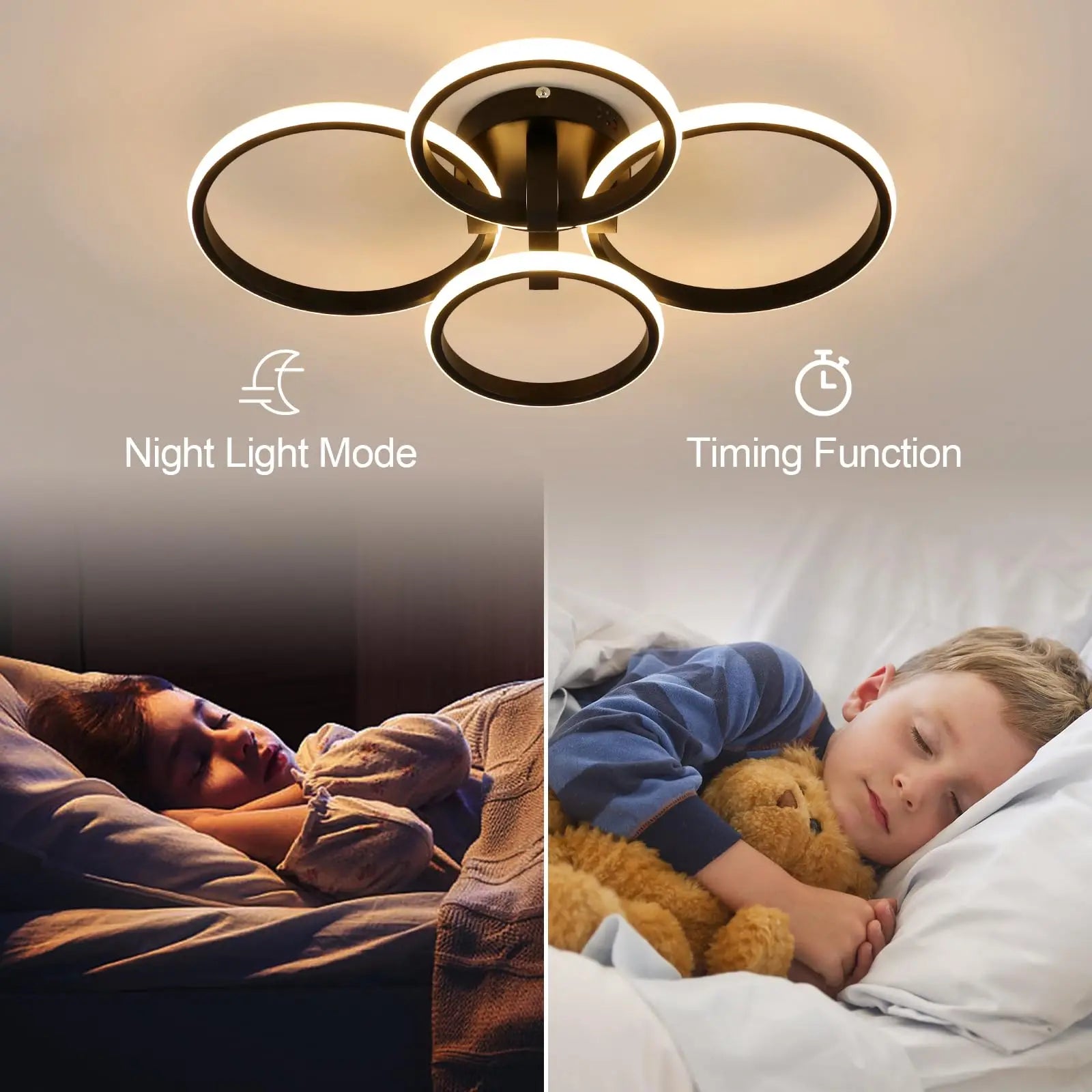 Modern 4-Ring LED Ceiling Light, 76W Dimmable 3 Color Change Flush Mount Lamp with Remote Control Black Fixture for Living Room Bedroom