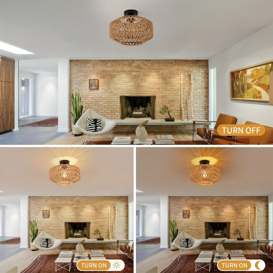 Rattan Chandeliers,Hand Woven Ceiling Lamp Flush Mount Ceiling Lights Vintage Lighting Fixtures E27 Lights（Bulb not included）