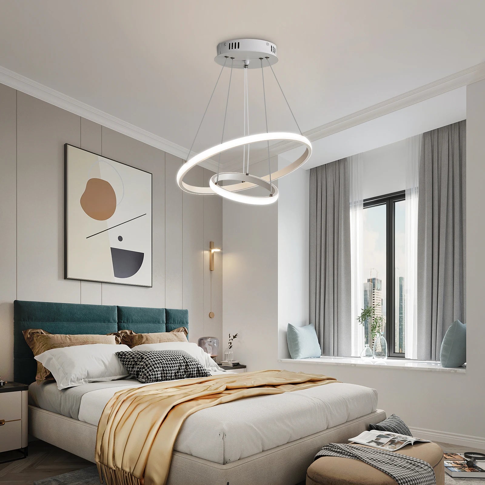LED Pendant Lamp, Modern Two Circulars LED Chandelier Hanging Lamp For Living Room Bedroom Indoor Lighting