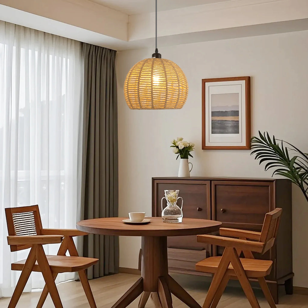 Rattan Ceiling Lamp,Boho Vintage Hanging Ceiling Lamp,Hand Woven Paper Rope Shade E27 for Dining Room (Bulb Not Included)
