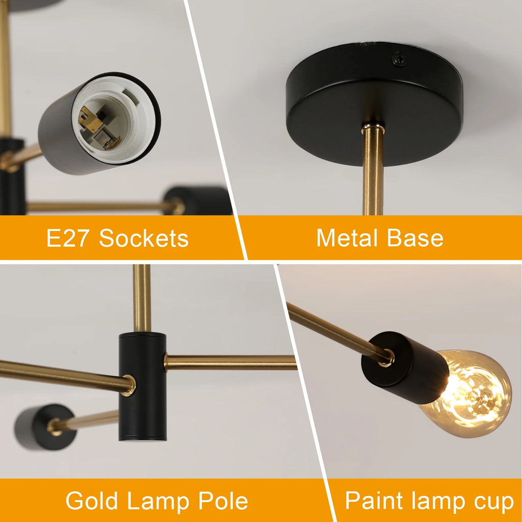 Sputnik Ceiling Light,Semi Flush Mount Ceiling Light,3 Lights Modern Sputnik Chandelier with E27 Socket （Bulb not included）