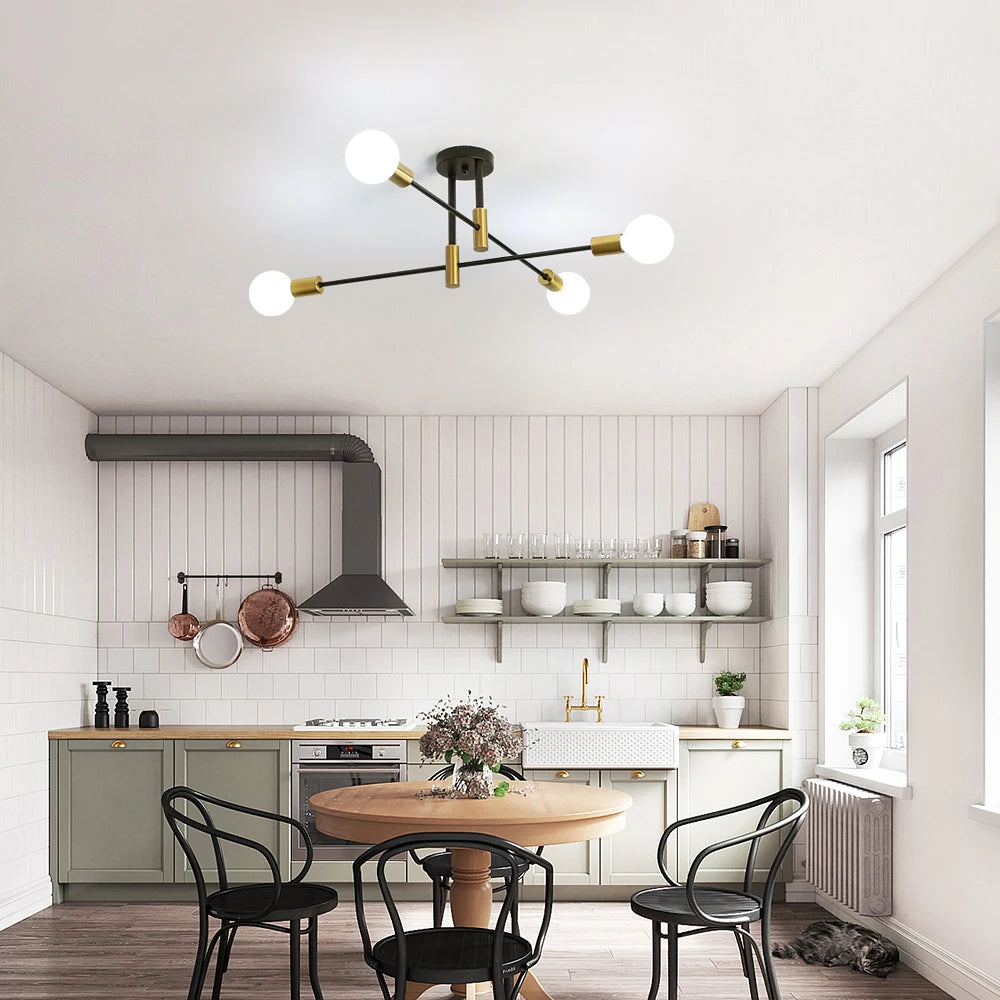 Ceiling Pendant Light, Industrial Semi built-in Ceiling 4 Lights Vintage Pendant Light E27 Black and gold Ceiling Light for Living Room Kitchen Bedroom Dining Room (Bulb Not Included)