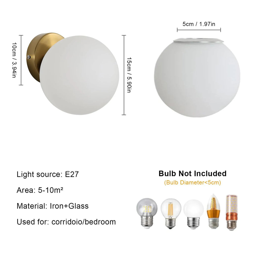 Indoor Wall Light,Nordic Wall Lights with Glass Ball,Lampshade Diameter 15 cm,Wall Lighting E27 for Bedroom(Without Bulb)