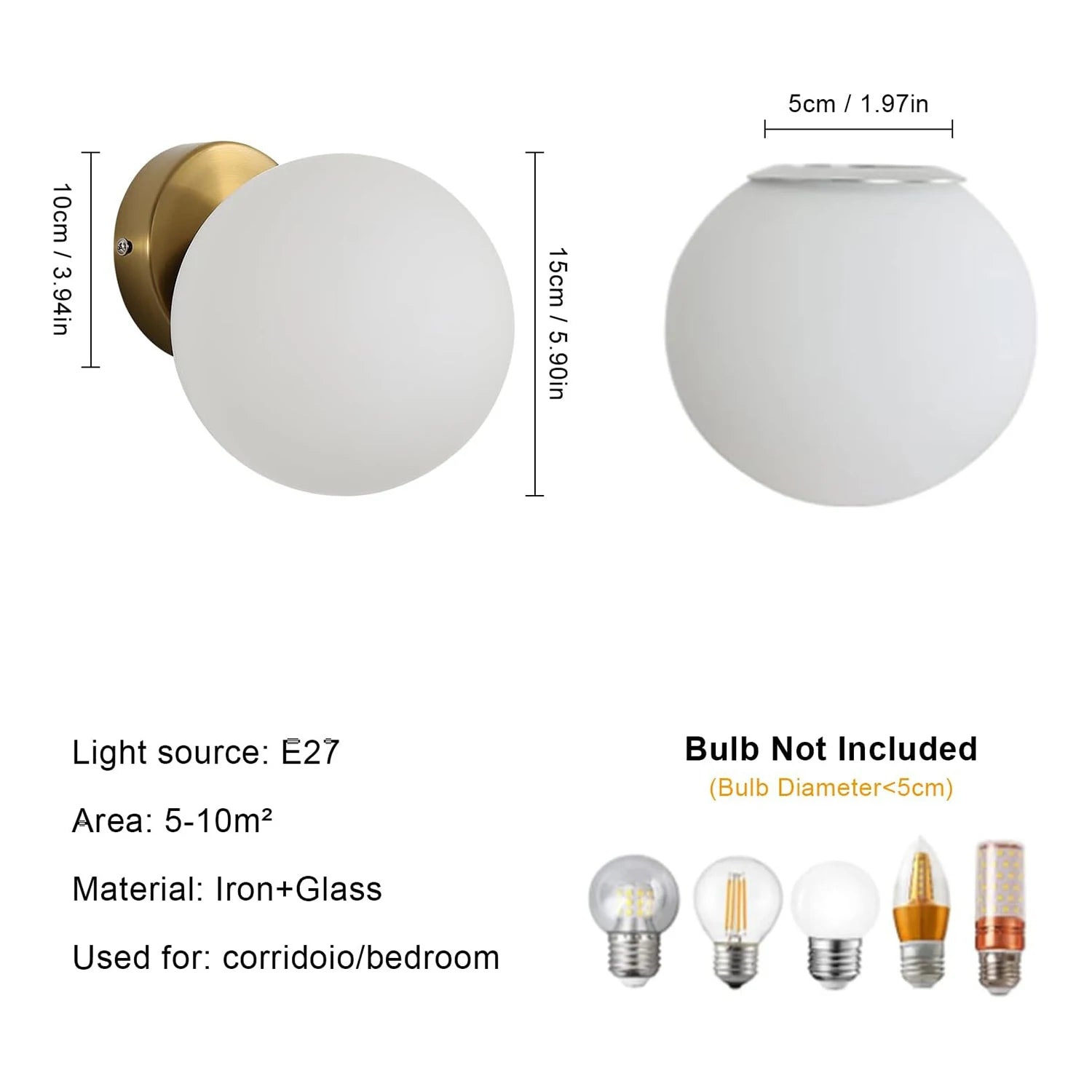 Indoor Wall Light,Nordic Wall Lights with Glass Ball,Lampshade Diameter 15 cm,Wall Lighting E27 for Bedroom(Without Bulb)