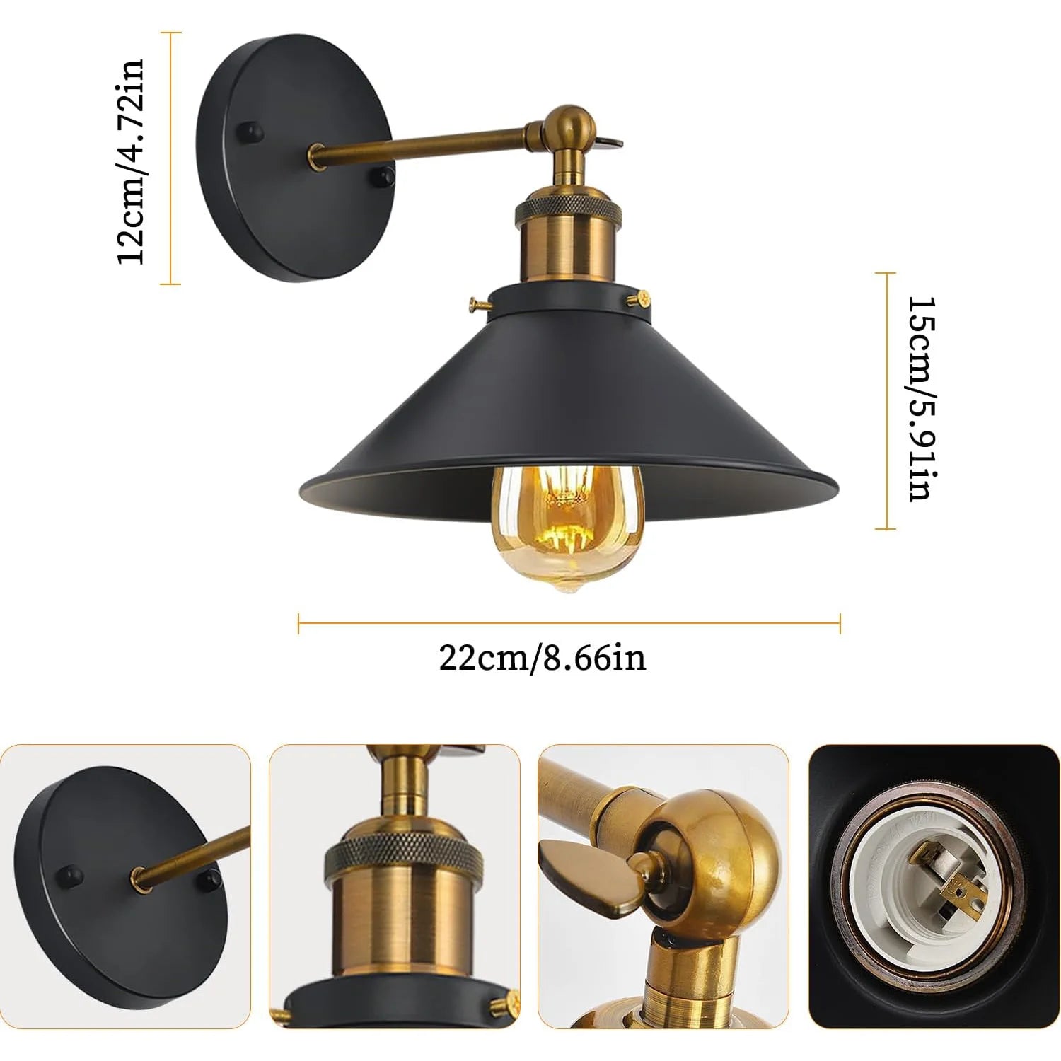 2 Pack Vintage Industrial Wall Sconce, Black Gold Metal Wall Lamp, Adjustable Swing Arm Wall Light Fixture,No Bulb Included,for Bedroom Living Room