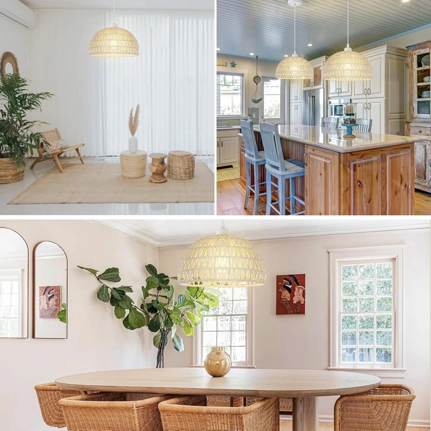 Woven Pendant Light,Boho Chandelier Light Fixture,Farmhouse Rattan Pendant Lights,For Bedroom, Farmhouse (Bulb Not Included)