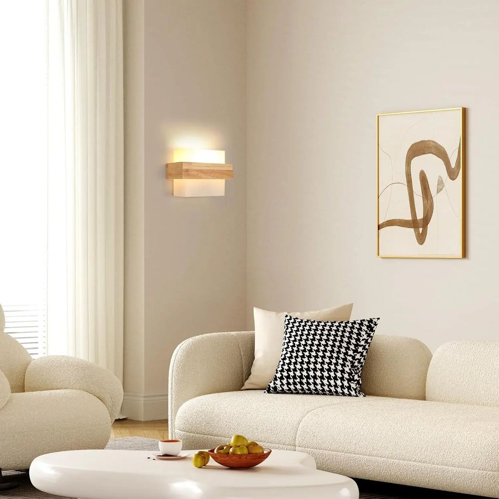Wall Lights Indoor Fabric, Square Wall Lamps with Wooden Base, E27 Wall Lighting Fixtures for Bedside Bedroom Living Room Corridor Dining Room Hallway（Bulb not included）