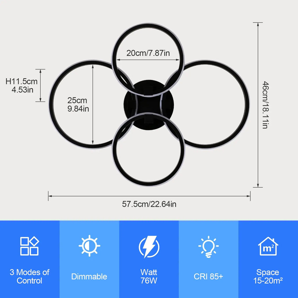Modern 4-Ring LED Ceiling Light, 76W Dimmable 3 Color Change Flush Mount Lamp with Remote Control Black Fixture for Living Room Bedroom