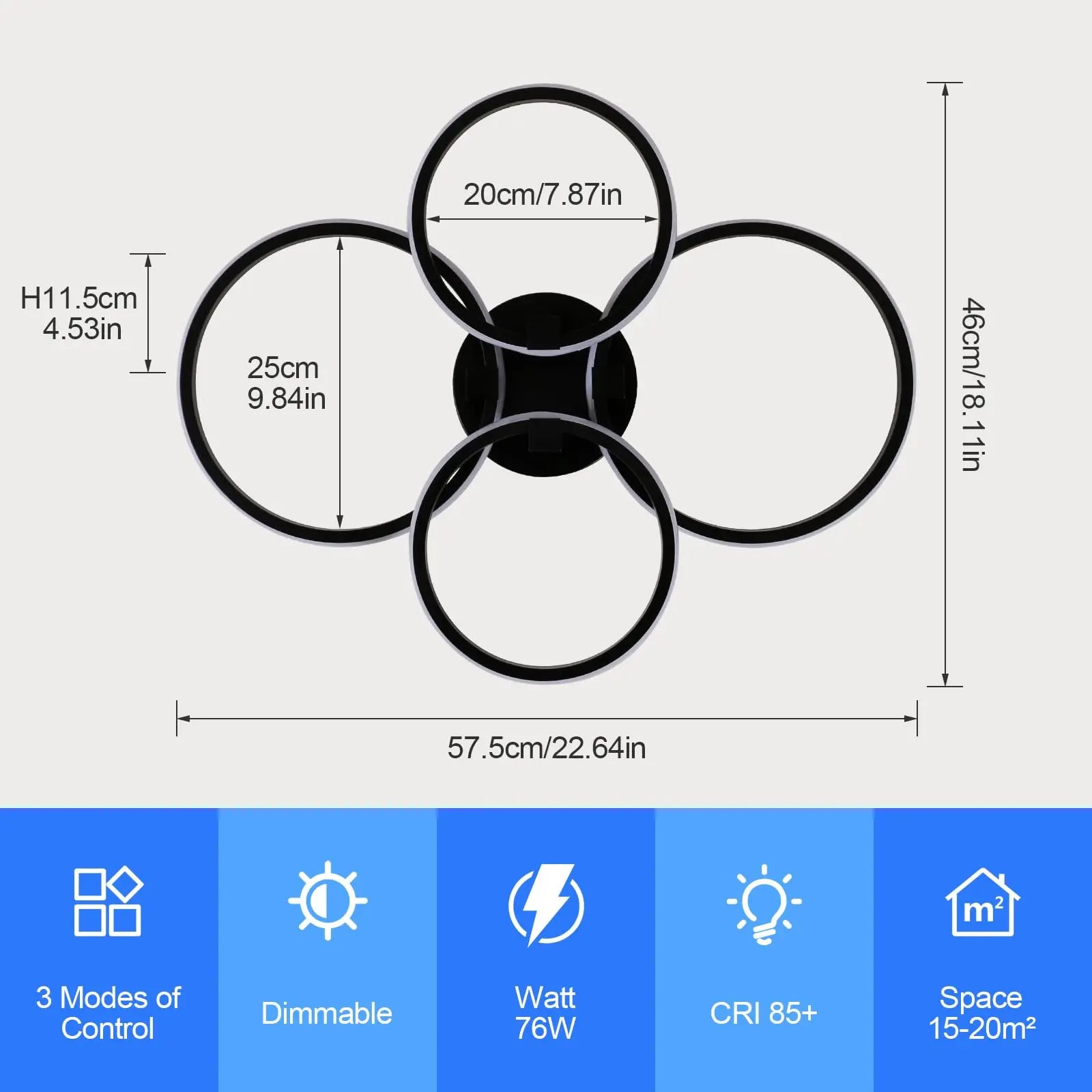 Modern 4-Ring LED Ceiling Light, 76W Dimmable 3 Color Change Flush Mount Lamp with Remote Control Black Fixture for Living Room Bedroom