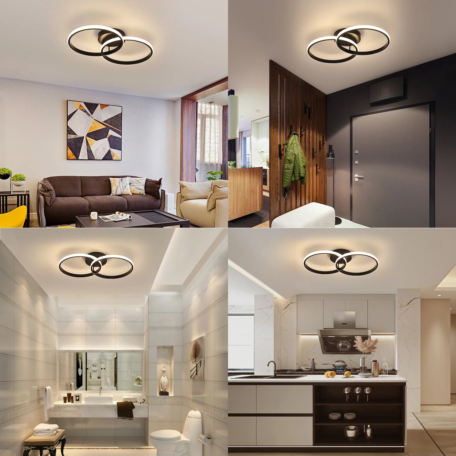 Modern 2-Ring LED Ceiling Light, 42W Neutral Light 4000K Non-Dimmable Black Flush Mount Lamp for Living Room Bedroom Home Indoor Lighting Fixture