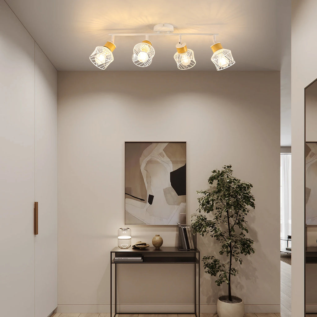 4 Way Adjustable Metal Wire Cage Rotatable Ceiling Lights,E27 Base Spot Light Fittings for Bedroom（Bulb not included）