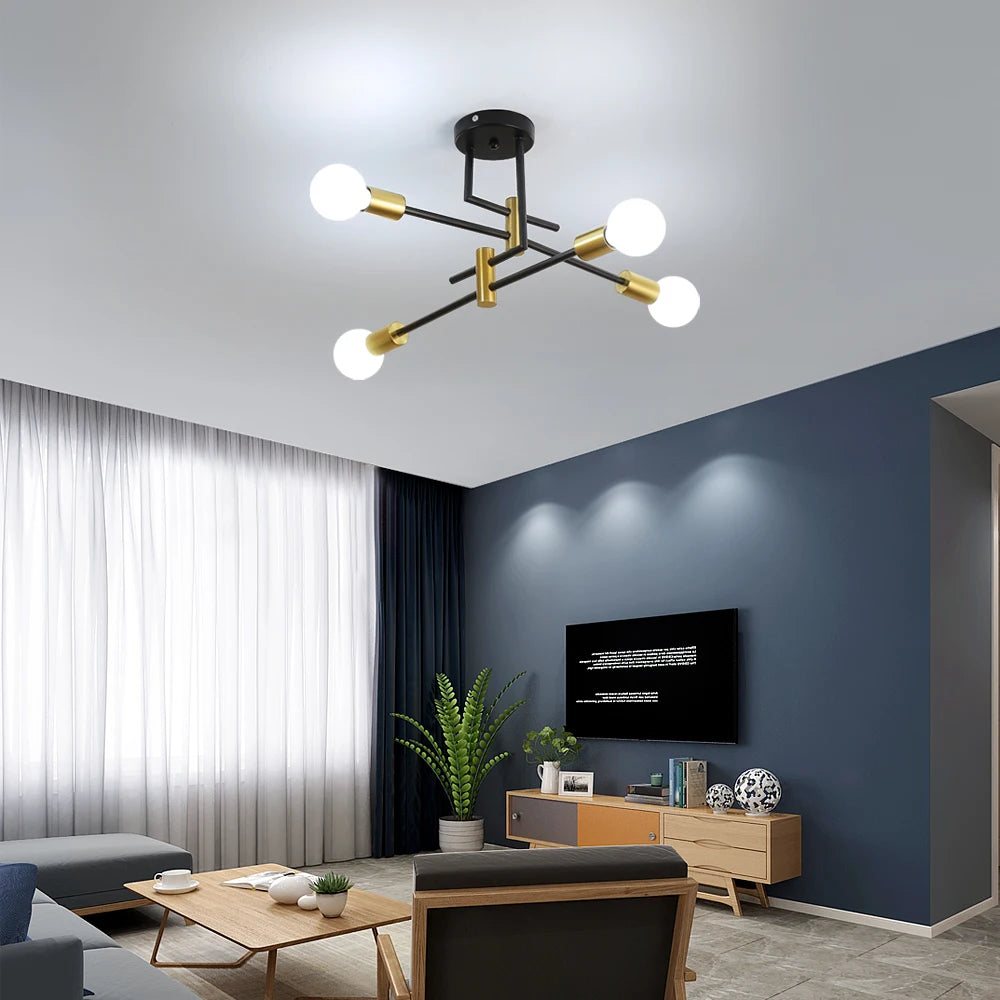Iron Chandelier Fixture,4-Light Black and Gold Sputnik Lighting Industrial Ceiling Light for Living Room（Bulb not included）