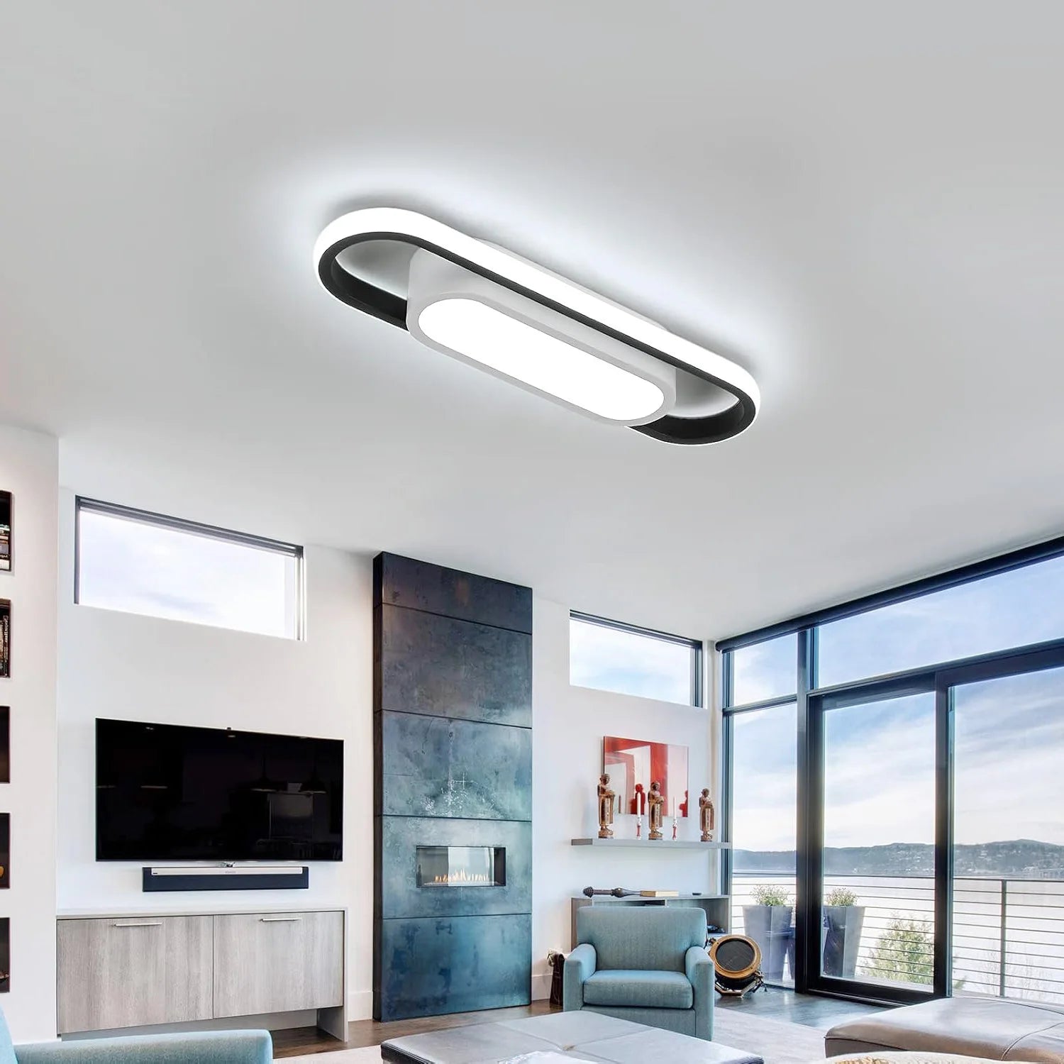 Modern LED Ceiling Light, 24W Non-dimmable Pure White Light Black White Long Oval Surface Mount Lamp for Hallway Bedroom,Cold White Light 6500K