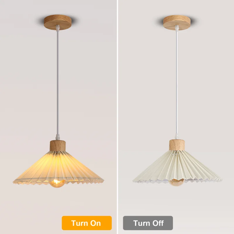 Nordic Pendant Lamp,Chandelier with Pleated Fabric and Wood,3 Lights with 1.2 m Adjustable Cable,E27 Socket（Bulb not included）