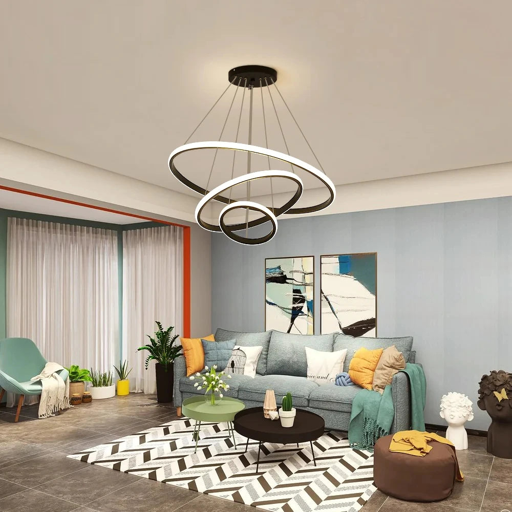 36W LED Chandelier,Dimmable 3000K-6500K Contemporary Chandeliers,Hanging 3 Rings Foyer Pendant Lights For Dinning Room