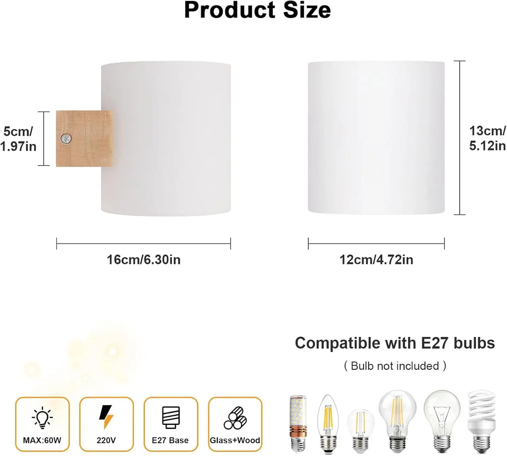 Wooden Indoor Wall Light,E27 Wall Lamp with Glass Shade,Wall Light for Bedroom,Hallway, Staircase, Stairs(Bulb not Included)