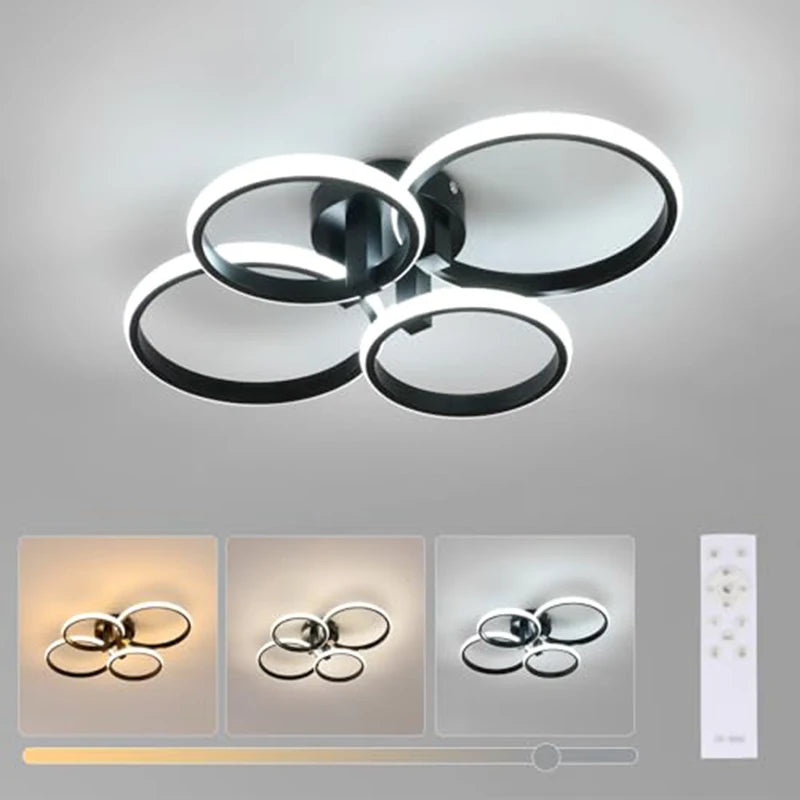Modern 4-Ring LED Ceiling Light, 76W Dimmable 3 Color Change Flush Mount Lamp with Remote Control Black Fixture for Living Room Bedroom