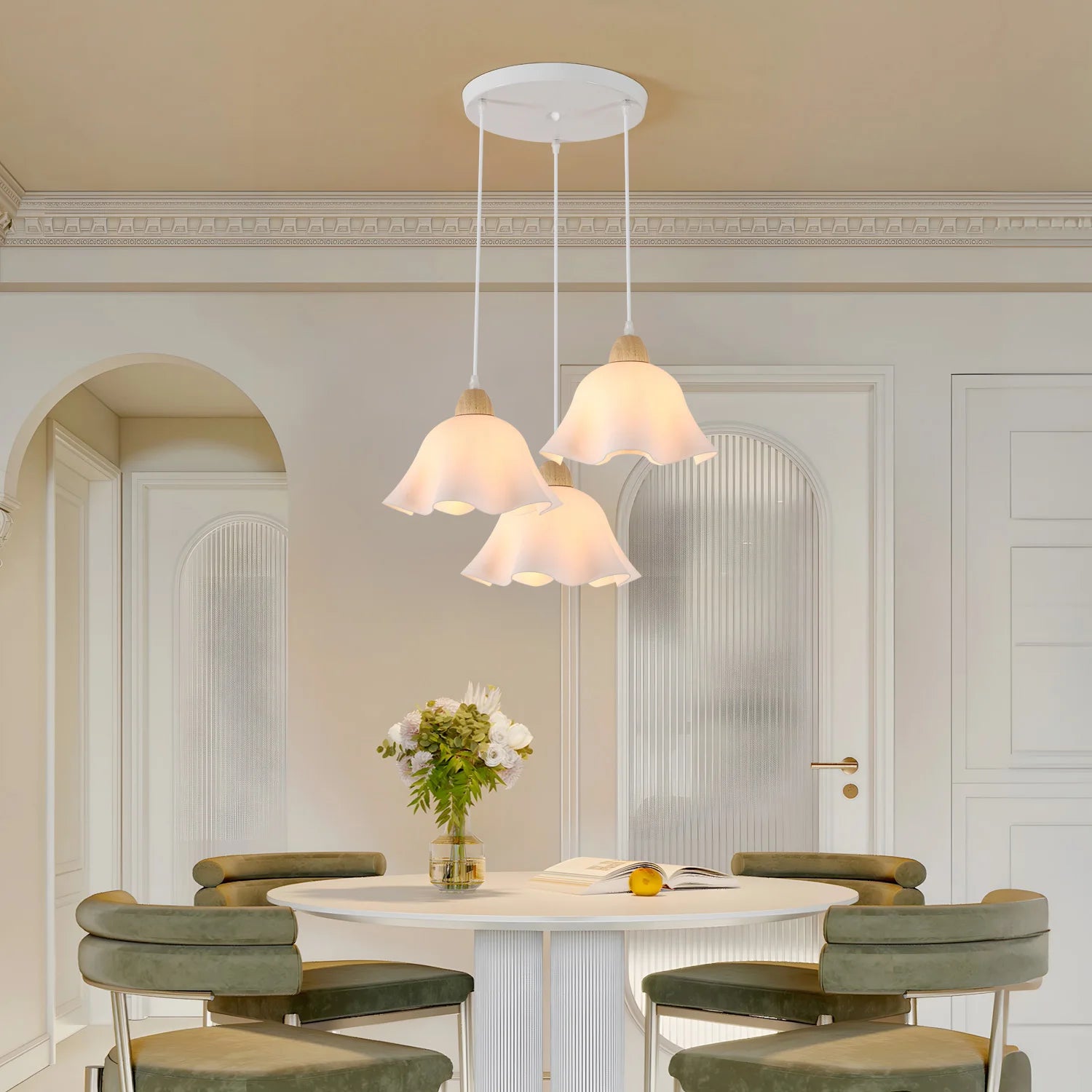 3-Head Pendant Lamps,Flower-Shaped Chandelier Retro Wooden Ceiling Light Flower Design E27 Base Lighting (Bulb not included）