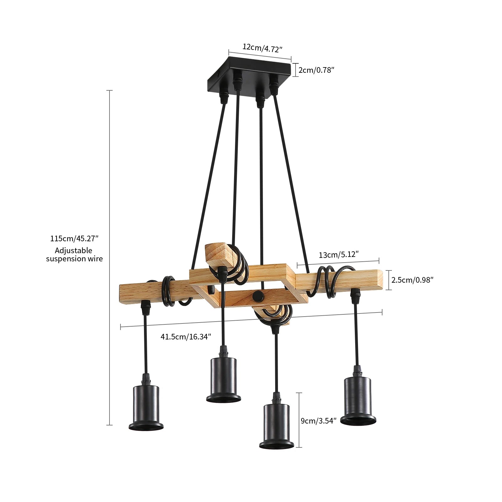 Vintage Chandelier,Retro Pendant Lamp in Wood and Black Metal,E27 Base Wire Wrapped Pendant Lamp (Bulb not included)