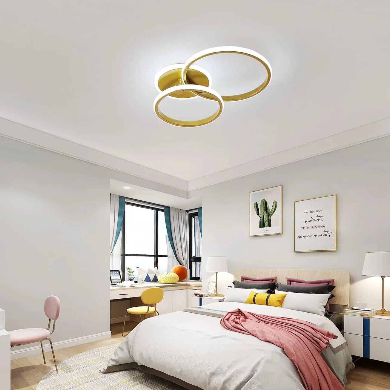 Modern LED Ceiling Light,42W 4700LM 2 Ring Rotatable Gold Flush Mount Ceiling Lamp for Living Room,White Light 6500K