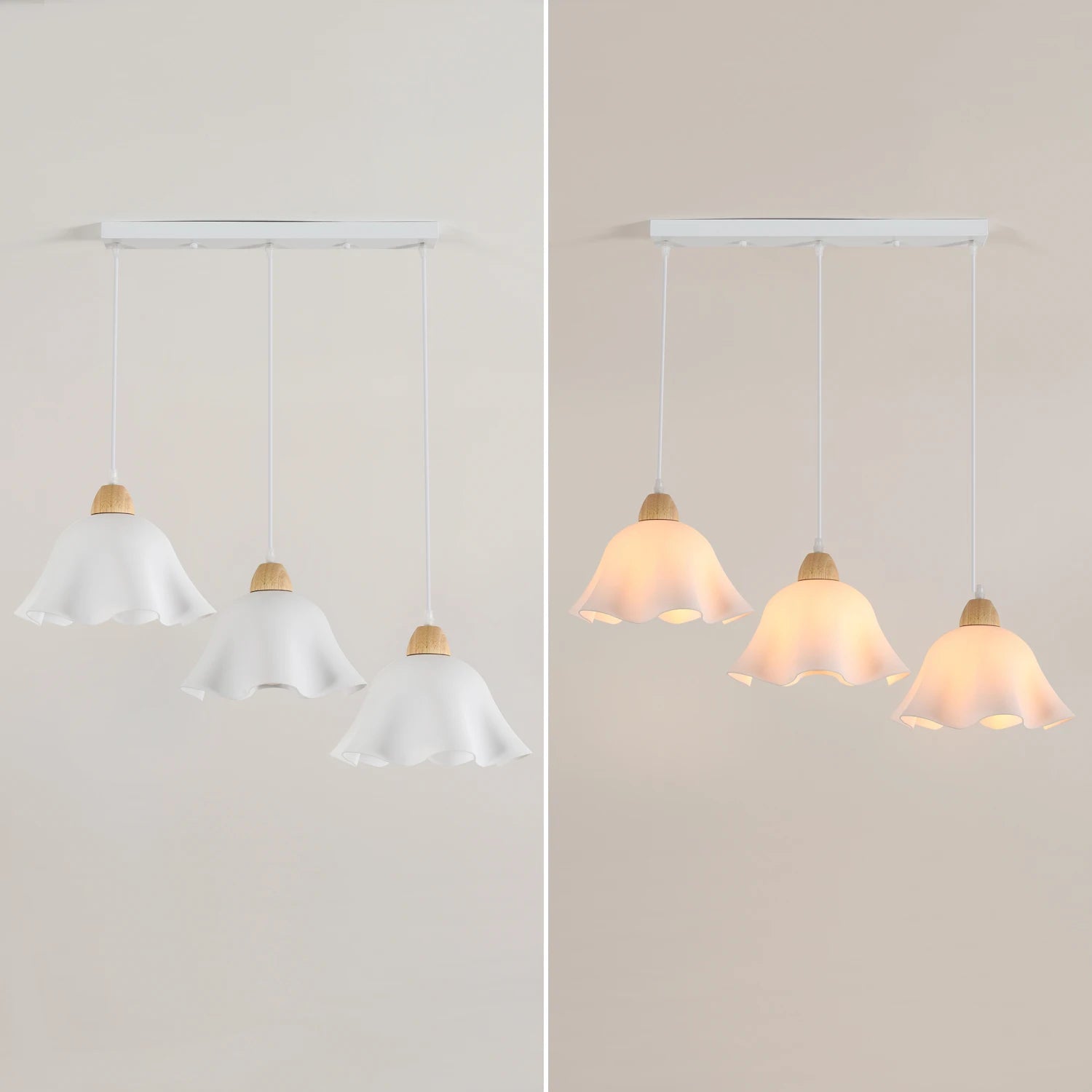 3-Head Pendant Lamps,Flower-Shaped Chandelier Retro Wooden Ceiling Light Flower Design E27 Base Lighting (Bulb not included）