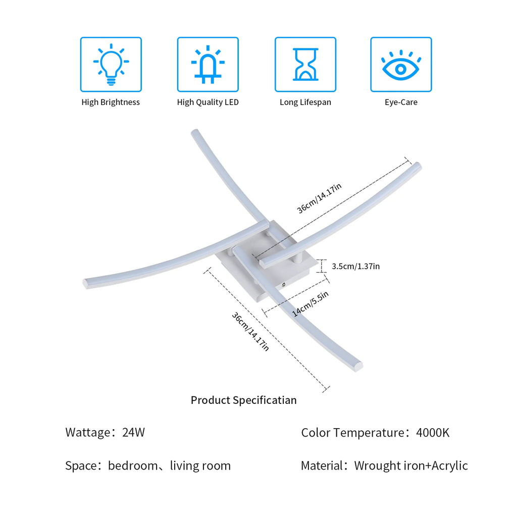 LED Ceiling Lights,Modern Curved Ceiling Lights,4 Built-in LED,24W Elegant Ceiling Fixture for Bedrooms,Neutral Light 4000K