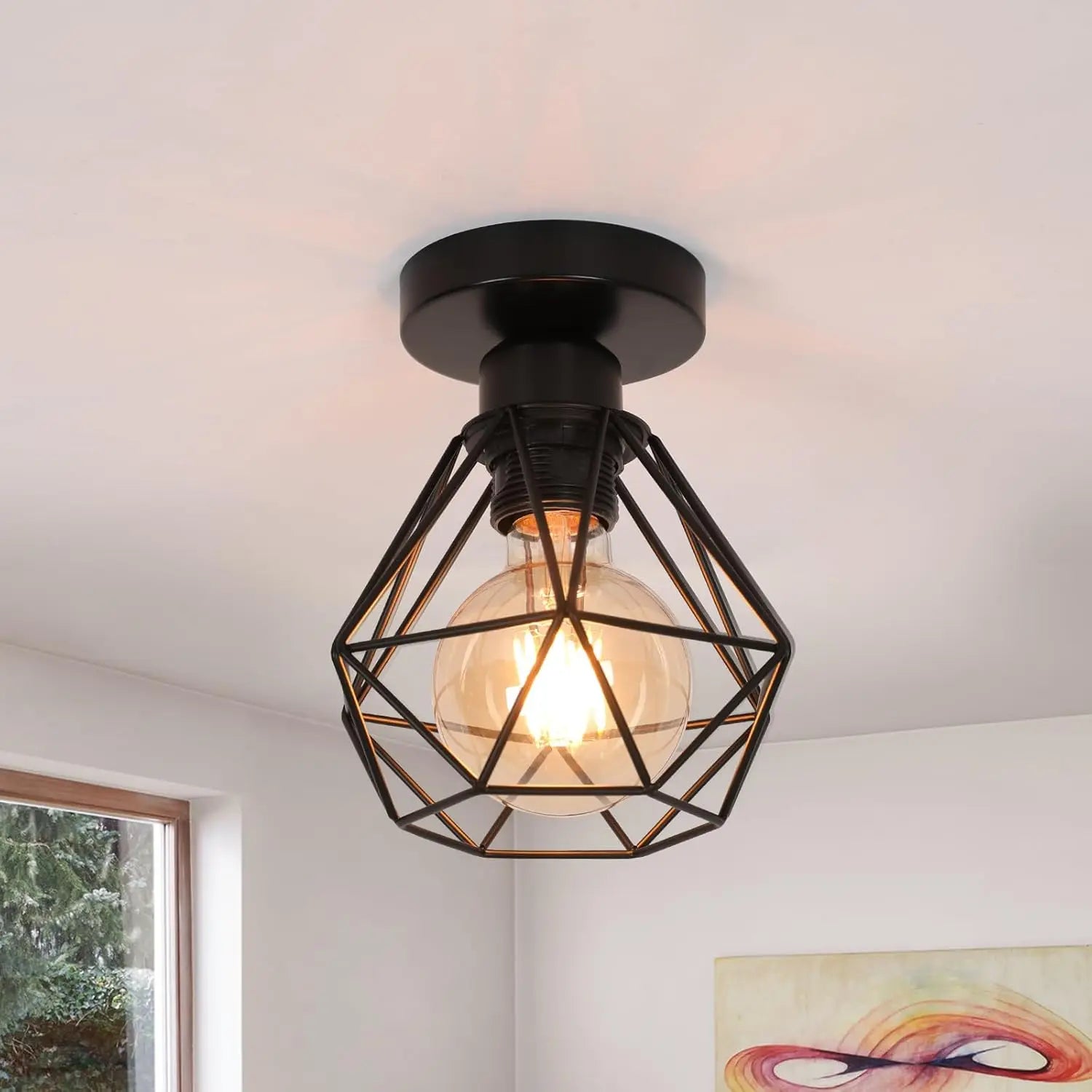 Vintage Industrial Ceiling Light,E27 Retro Lantern Pendant Design Metal Cage,Black Ceiling Lamp for Cafe Bar（Bulb not included）