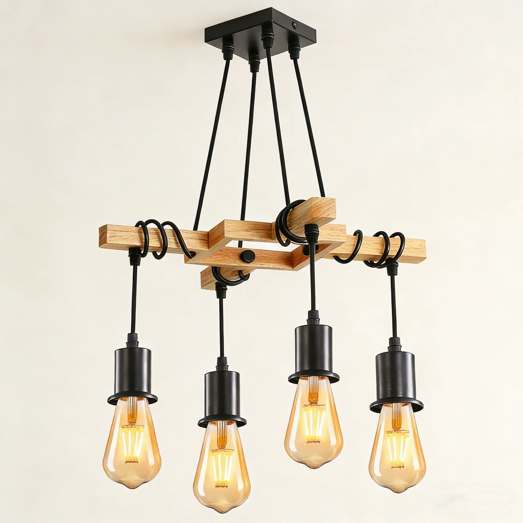 Wire Wrapped Pendant Lamp, E27 Head Lamp Vintage Industrial Chandelier Wood 4 Lamp Bulb Design Forged Lamp(Bulb not included)