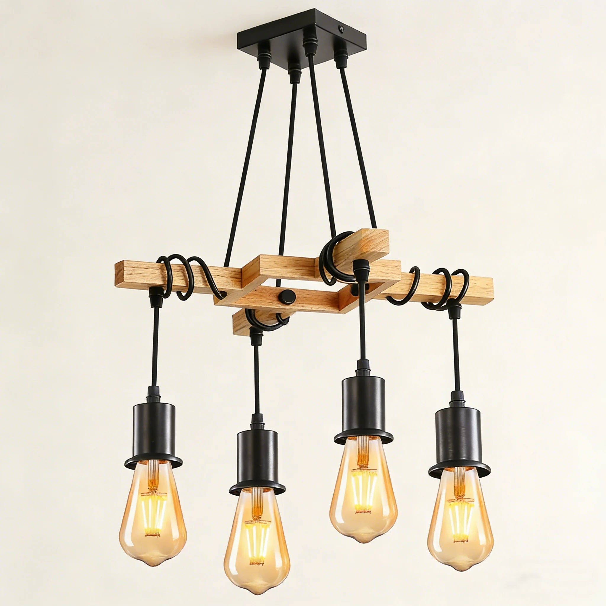 Wire Wrapped Pendant Lamp, E27 Head Lamp Vintage Industrial Chandelier Wood 4 Lamp Bulb Design Forged Lamp(Bulb not included)